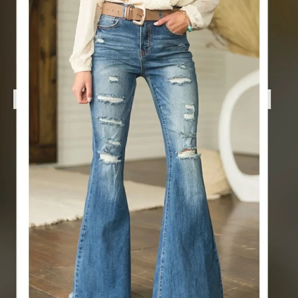 NWT Blue Spice 13 High Waist Flare Stretch Distressed Denim Jeans Light Blue Was